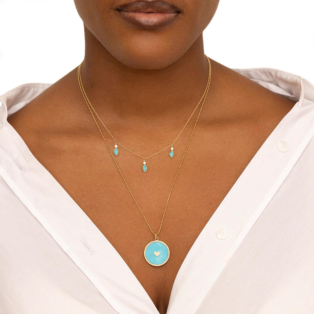 3 Diamond Bezel with Turquoise Marquise Dangle Necklace - Image 3