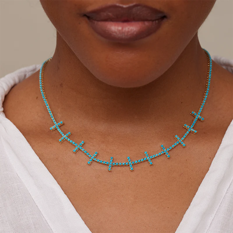 4-Prong Turquoise Cross Bar Tennis Necklace - Image 5