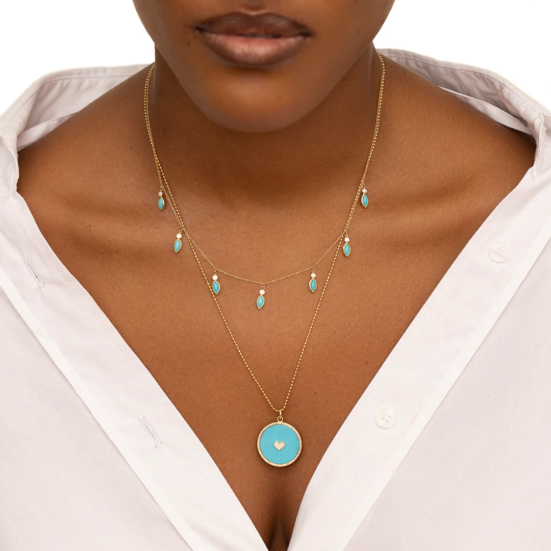 7 Diamond Bezel with Turquoise Marquise Dangle Necklace - Image 3