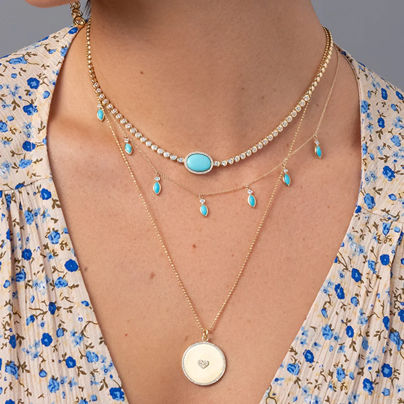 7 Diamond Bezel with Turquoise Marquise Dangle Necklace - Image 4