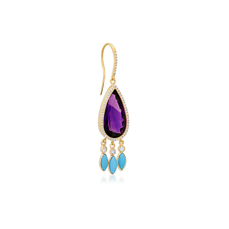 Amethyst with Diamond and Turquoise Fringe Earrings - Image 2