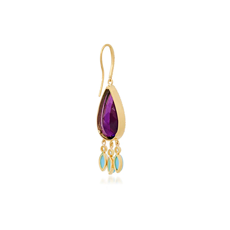 Amethyst with Diamond and Turquoise Fringe Earrings - Image 3