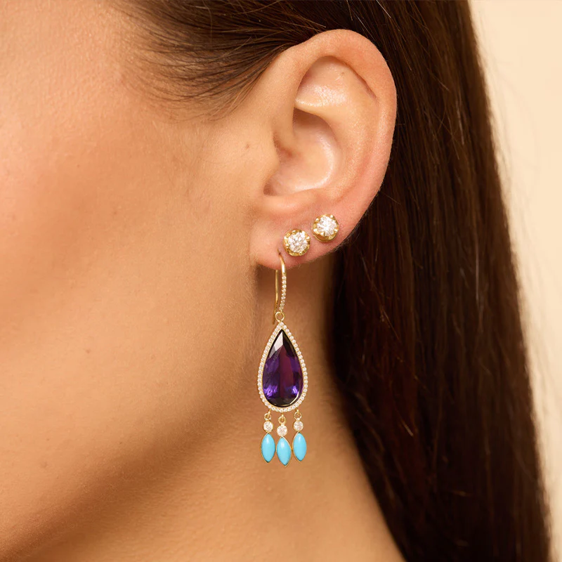 Amethyst with Diamond and Turquoise Fringe Earrings - Image 4