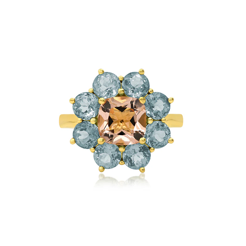 Statement Aquamarine Flower Ring with Morganite Center - Image 2