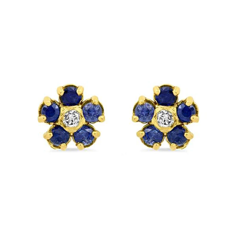 Large Blue Sapphire Flower Studs with Diamond Center