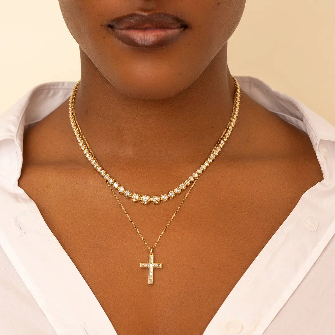 Channel Set Diamond Baguette Cross Necklace - Image 3