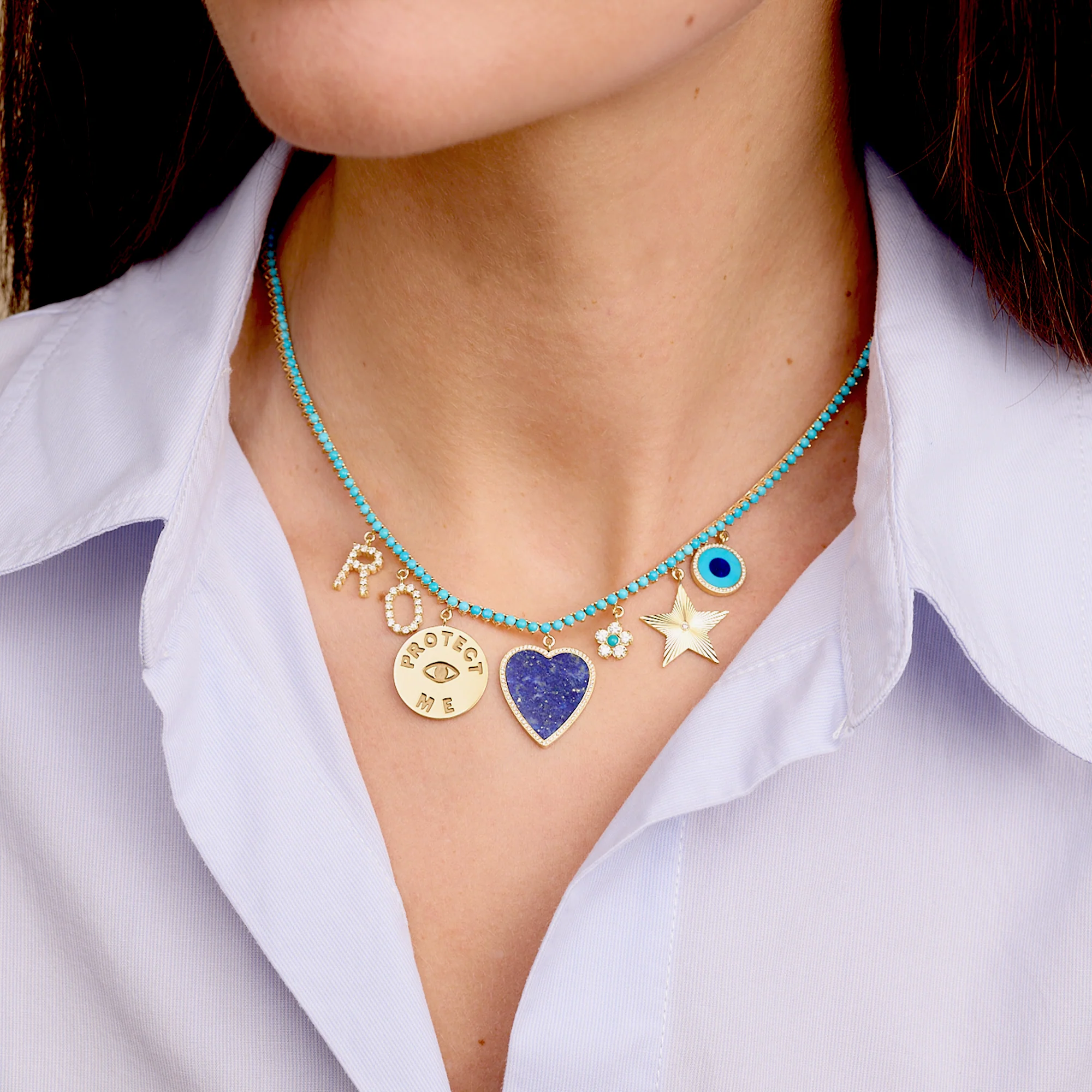 3-Prong Turquoise Tennis Necklace with Custom Charms - Image 5