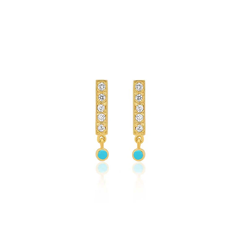 Diamond Bar Studs with Turquoise Bezel Drop