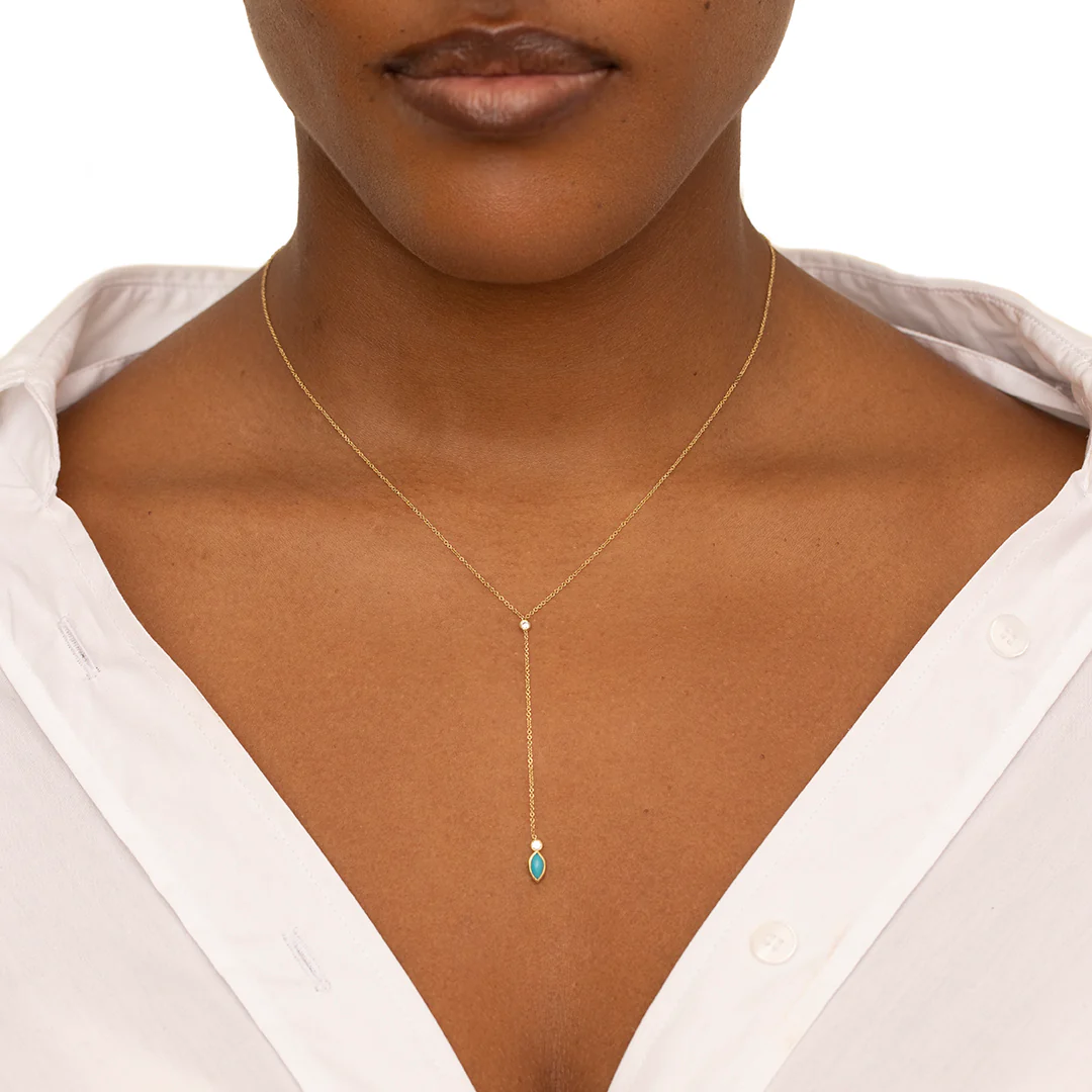 Diamond Bezel with Turquoise Marquise Lariat Necklace - Image 3