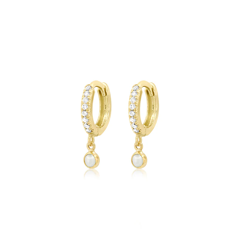 Diamond Huggies with Mini Pearl Bezel Drop