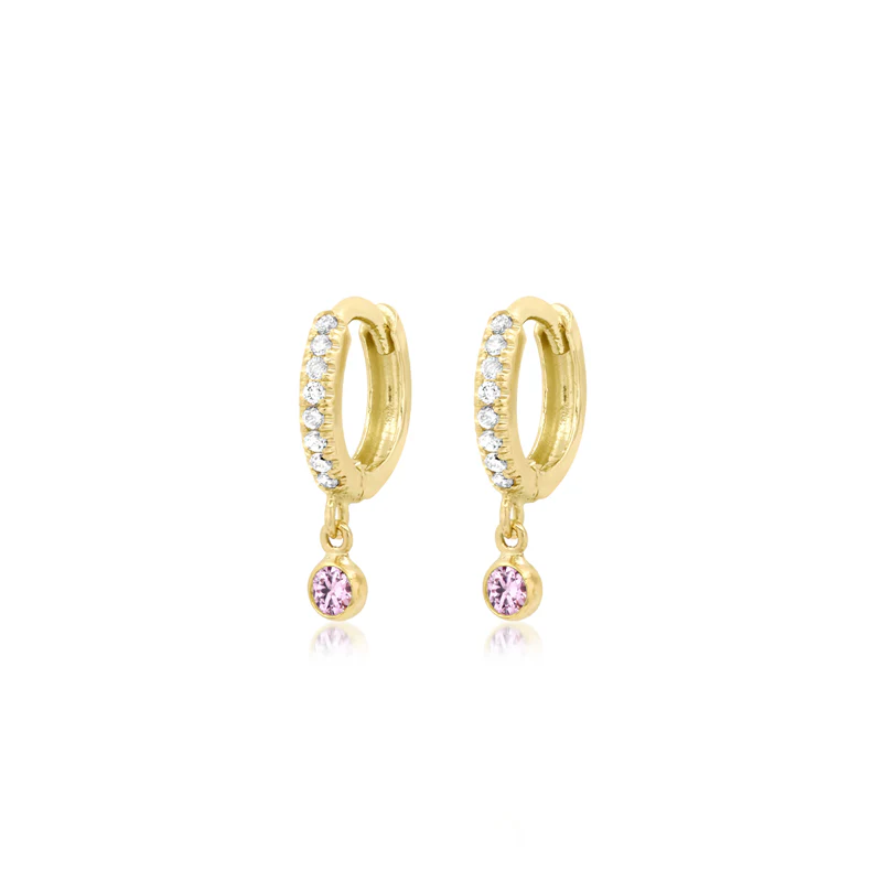 Diamond Huggies with Mini Pink Sapphire Bezel Drop