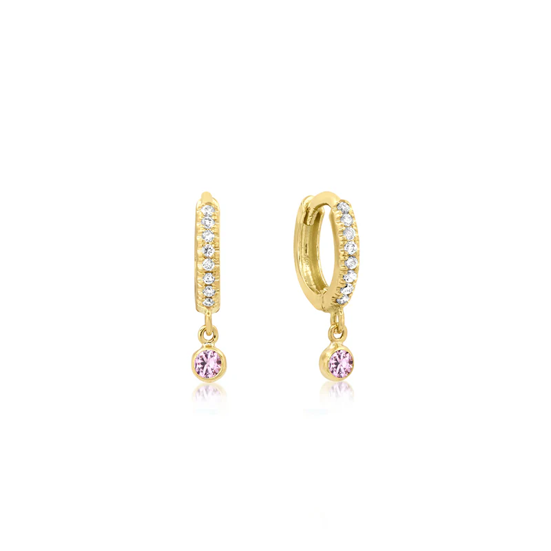 Diamond Huggies with Mini Pink Sapphire Bezel Drop - Image 2
