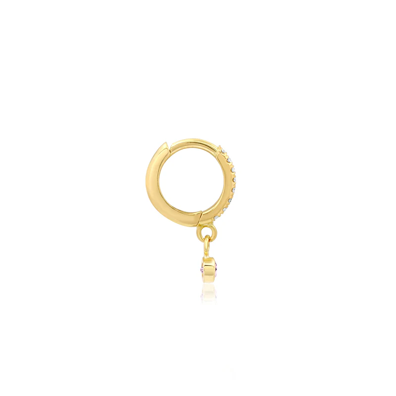 Diamond Huggies with Mini Pink Sapphire Bezel Drop - Image 3