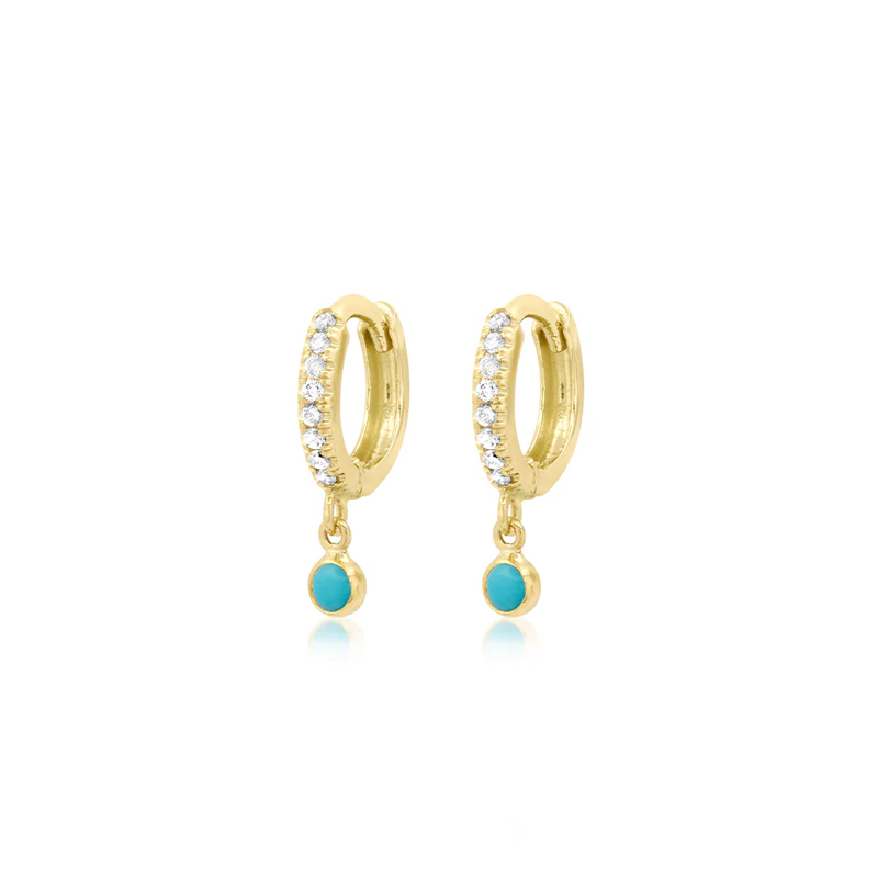 Diamond Huggies with Mini Turquoise Bezel Drop