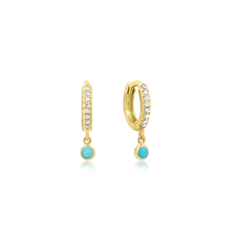 Diamond Huggies with Mini Turquoise Bezel Drop - Image 2