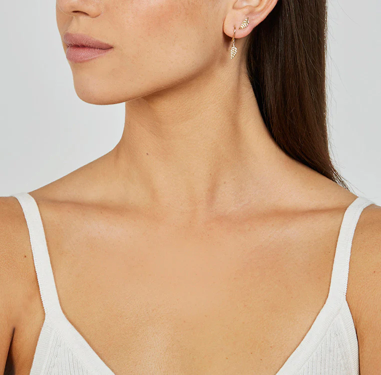Diamond Mini Leaf Drop Earrings - Image 4