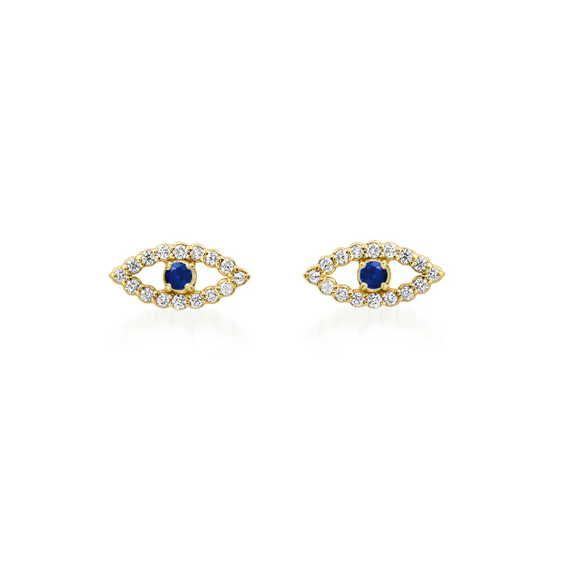 Diamond Mini Open Evil Eye Studs with Sapphire Center