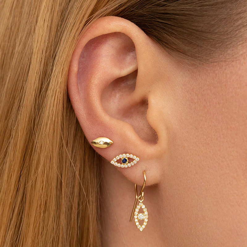 Diamond Mini Open Evil Eye Studs with Sapphire Center - Image 3