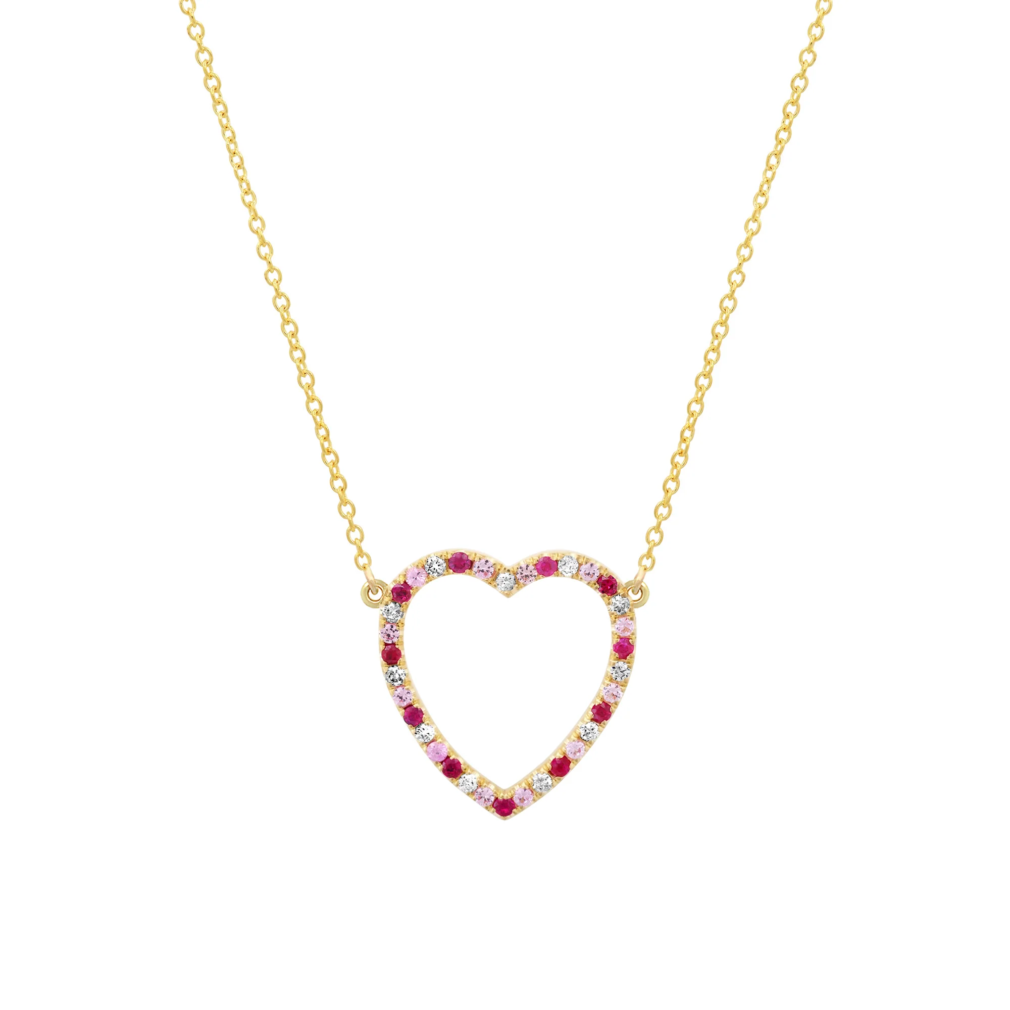 Large Diamond, Pink Sapphire and Ruby Open Heart Necklace