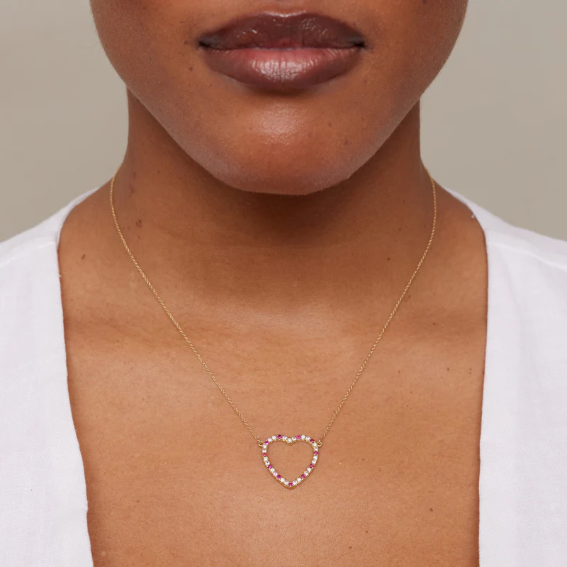 Large Diamond, Pink Sapphire and Ruby Open Heart Necklace - Image 3