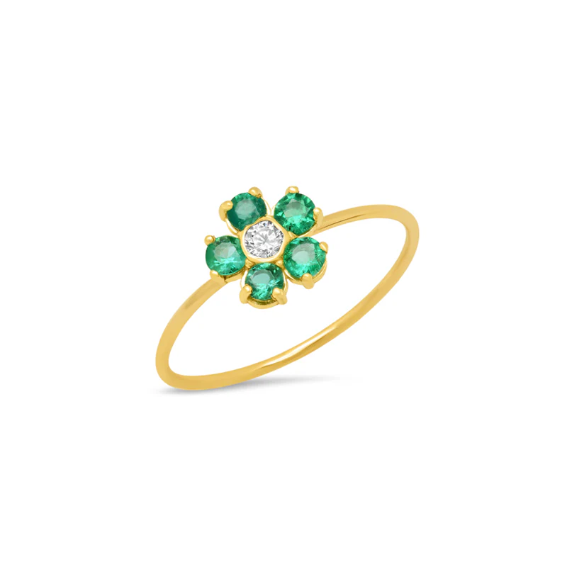 Large Emerald Flower Ring with Diamond Center