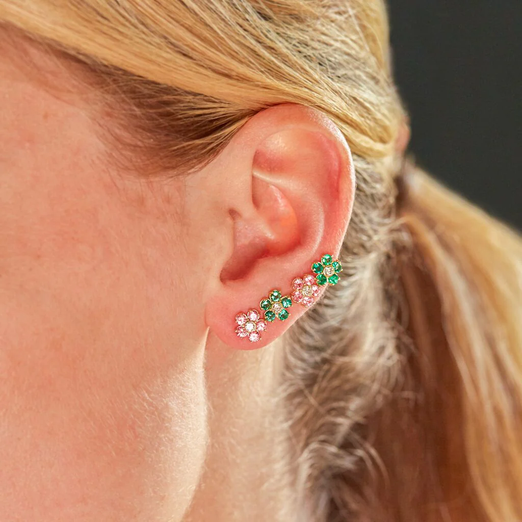 Large Emerald Flower Studs with Diamond Center - Image 5