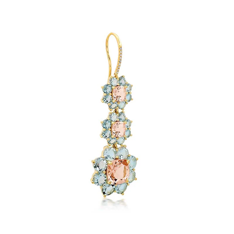 Graduated Statement Aquamarine and Morganite Flower Earrings - Image 2
