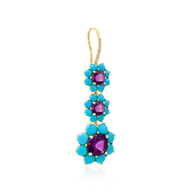 Graduated Statement Turquoise and Amethyst Flower Earrings - Image 2
