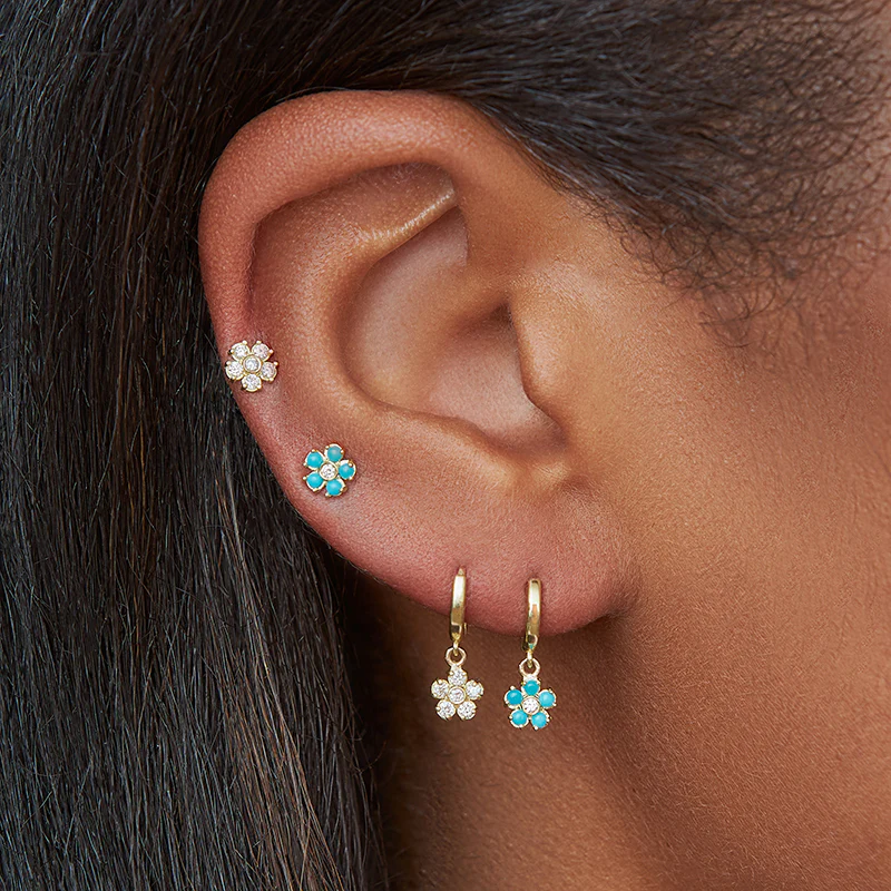 Single Turquoise Flower Stud with Diamond Center - Image 4