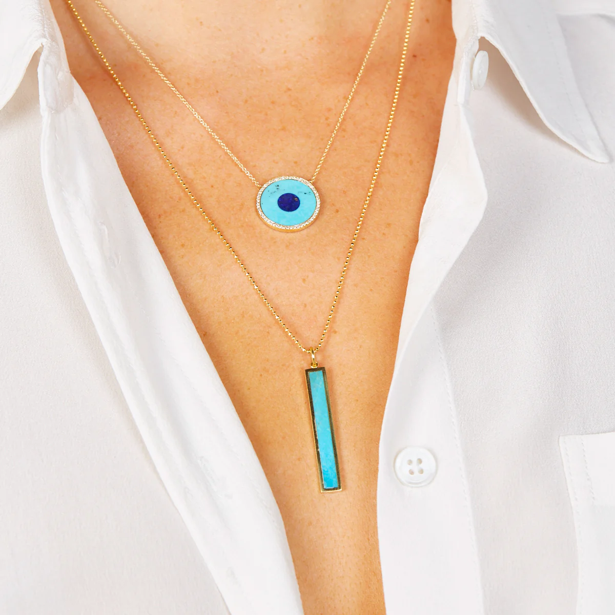 Turquoise Inlay Evil Eye Necklace with Diamonds - Image 4
