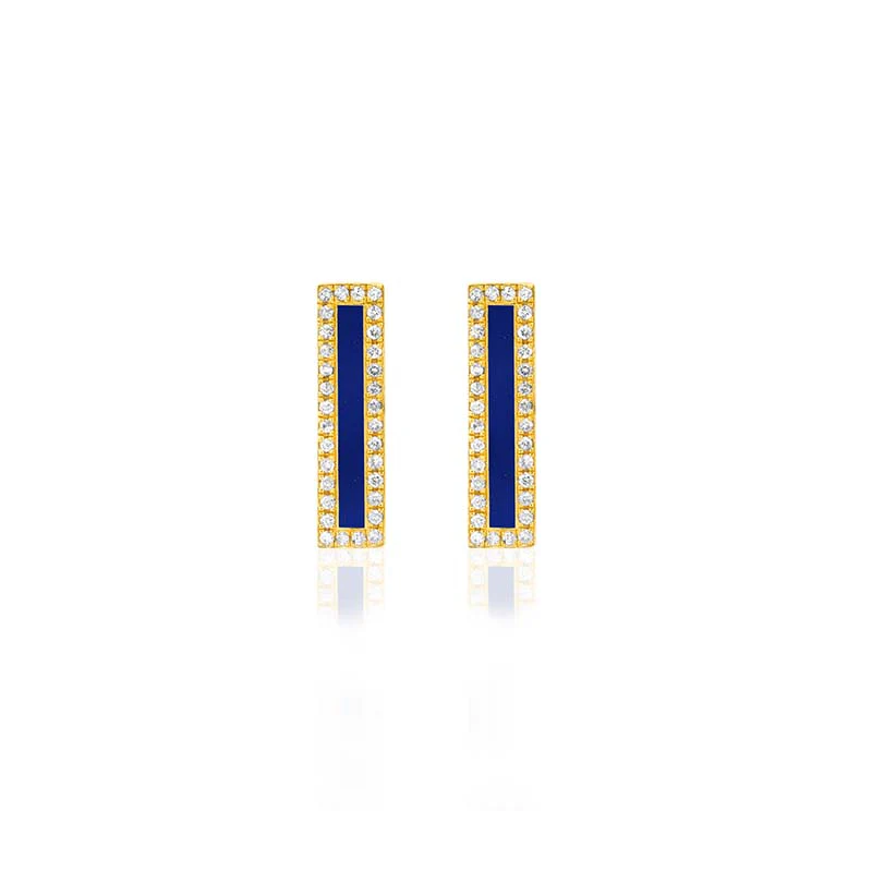 Lapis Inlay Long Bar Studs with Diamonds