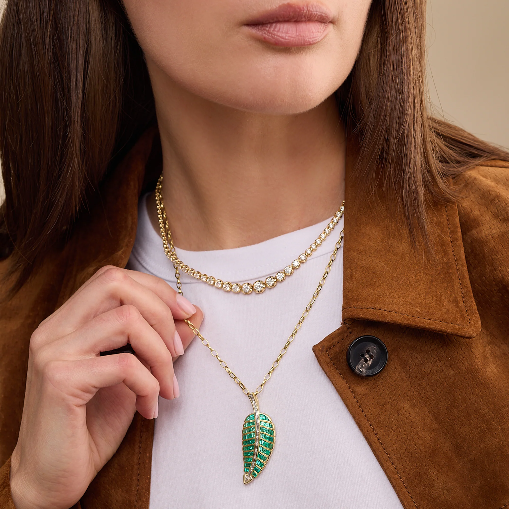 Large 20th Anniversary Emerald & Diamond Leaf Necklace - Image 5