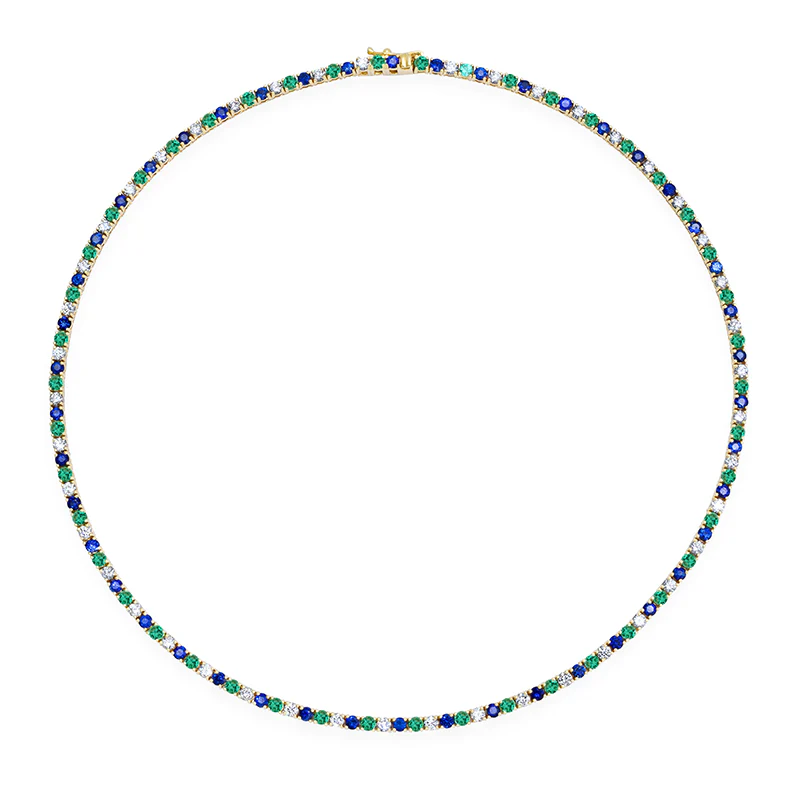 Large 4-Prong Diamond, Emerald, and Sapphire Tennis Necklace - Image 2