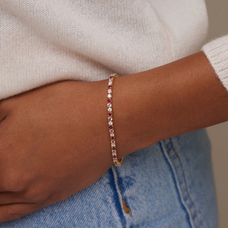 Large 4-Prong Diamond, Pink Sapphire, and Ruby Tennis Bracelet - Image 2