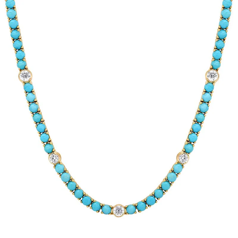 Large 4-Prong Turquoise Tennis Necklace with 5 Illusion Set Diamond Accents