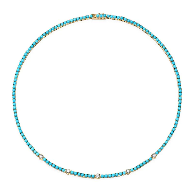 Large 4-Prong Turquoise Tennis Necklace with 5 Illusion Set Diamond Accents - Image 2