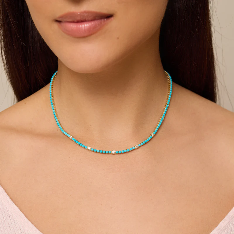 Large 4-Prong Turquoise Tennis Necklace with 5 Illusion Set Diamond Accents - Image 5