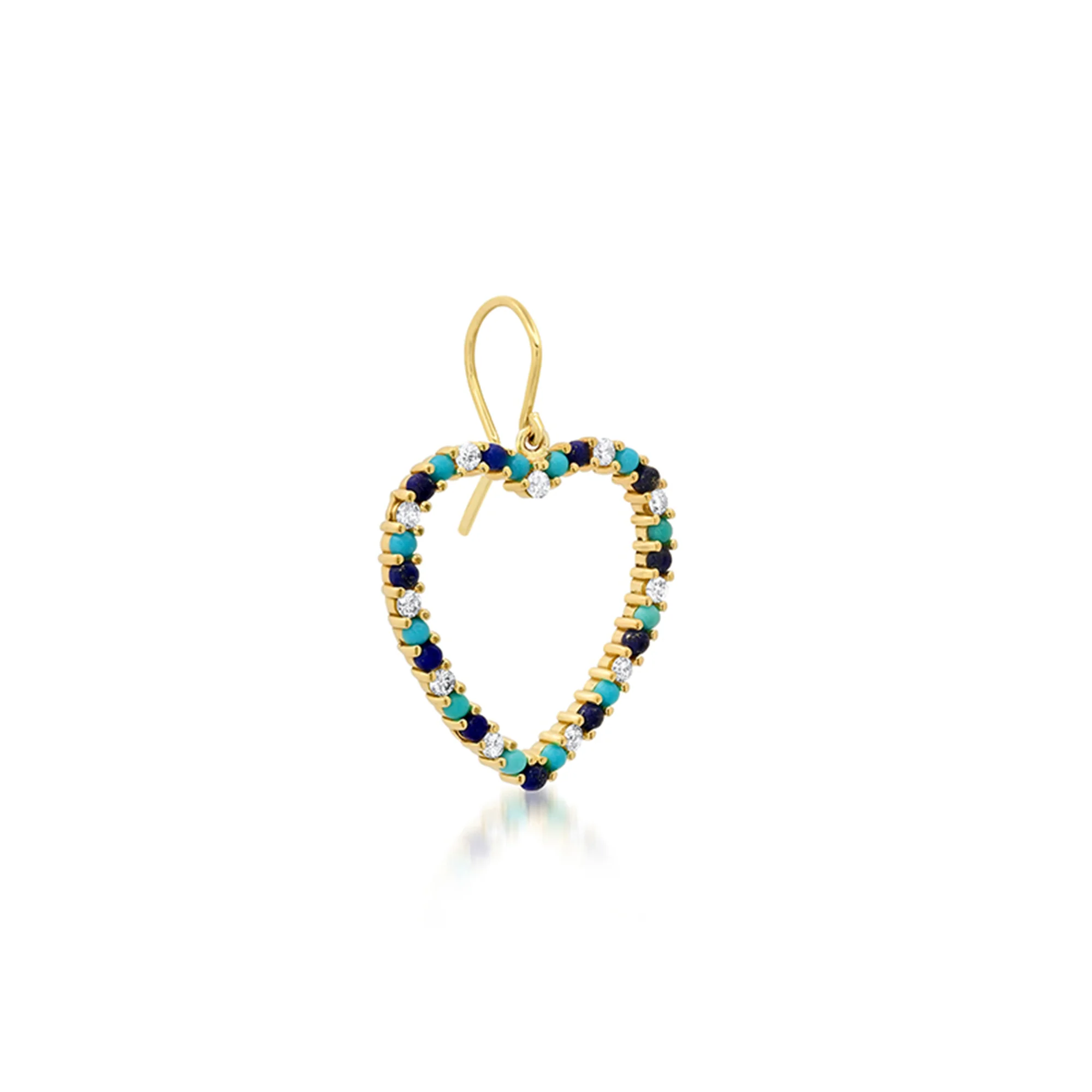 Large Diamond, Turquoise and Lapis Open Heart Drop Earrings - Image 2