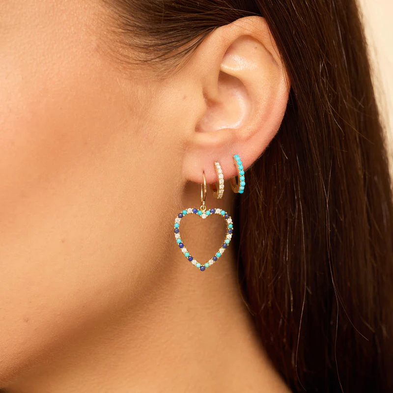 Large Diamond, Turquoise and Lapis Open Heart Drop Earrings - Image 4