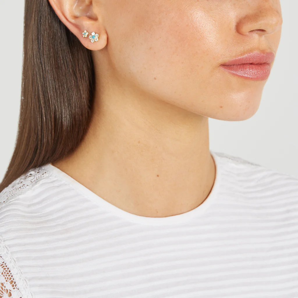 Large Diamond Flower Studs with Turquoise Center - Image 4