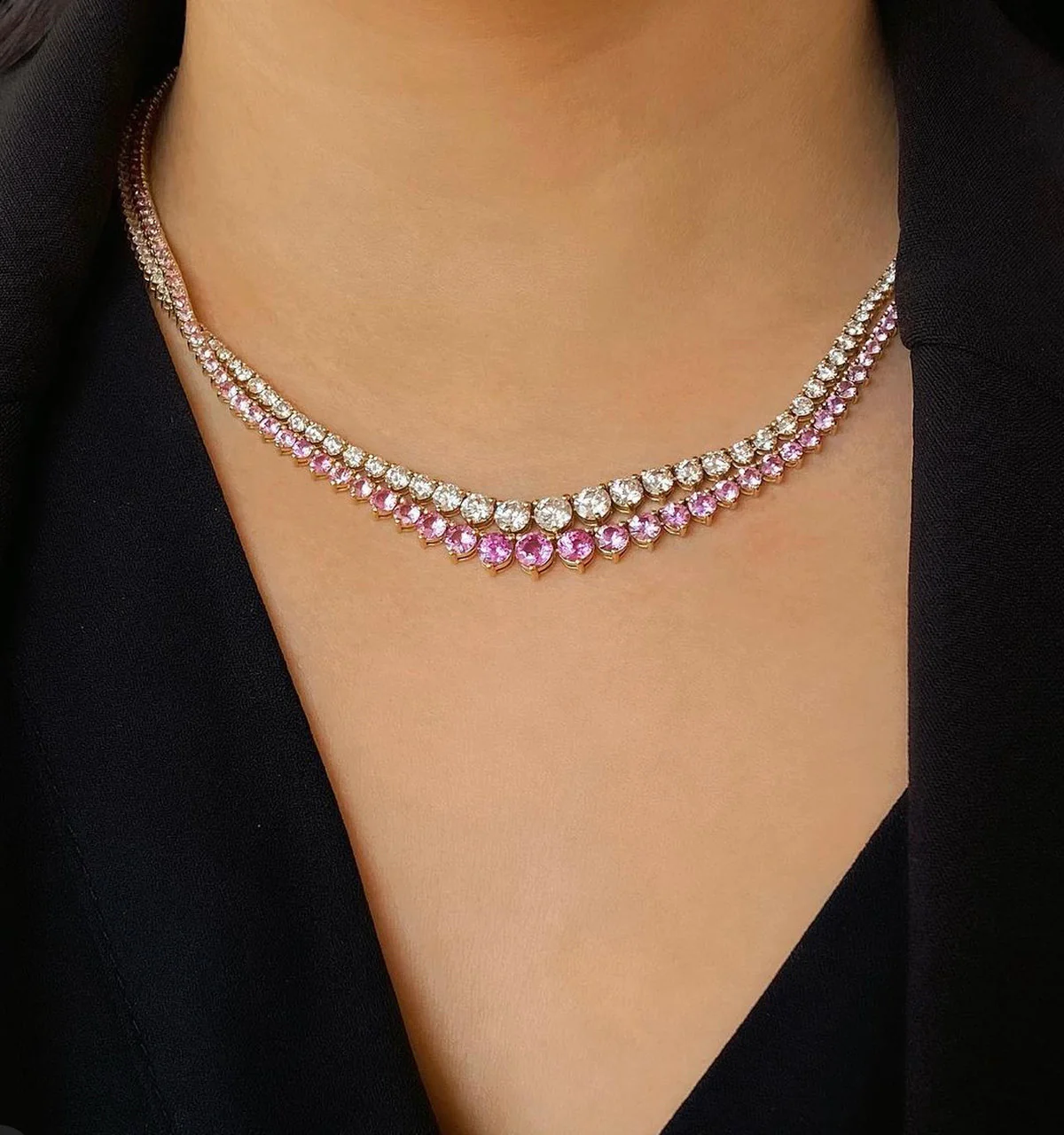 Large Graduated 3-Prong Pink Sapphire Tennis Necklace - Image 6