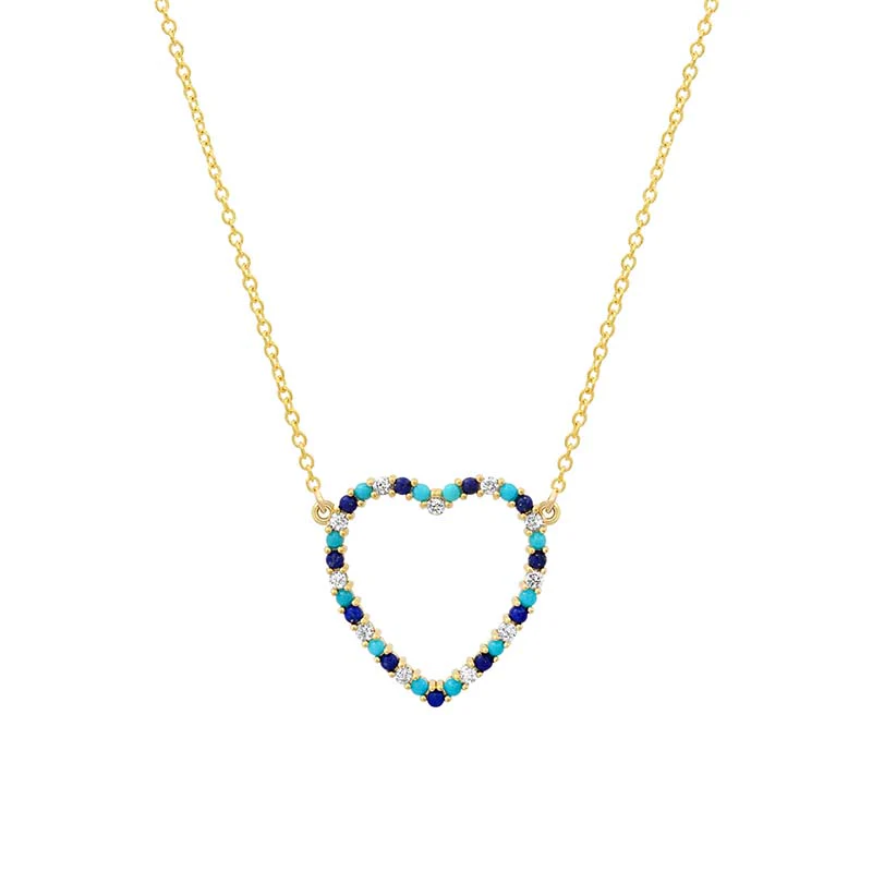 Large Diamond, Turquoise and Lapis Open Heart Necklace