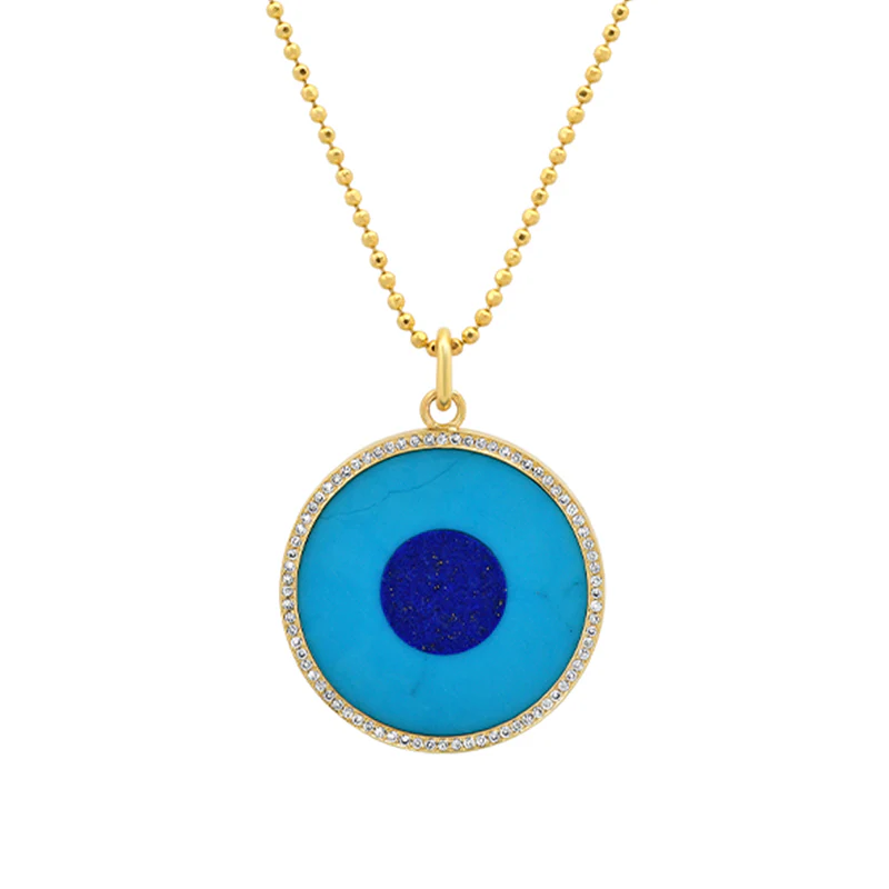 Large Turquoise Inlay Evil Eye Pendant with Diamonds
