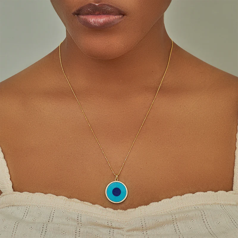 Large Turquoise Inlay Evil Eye Pendant with Diamonds - Image 3