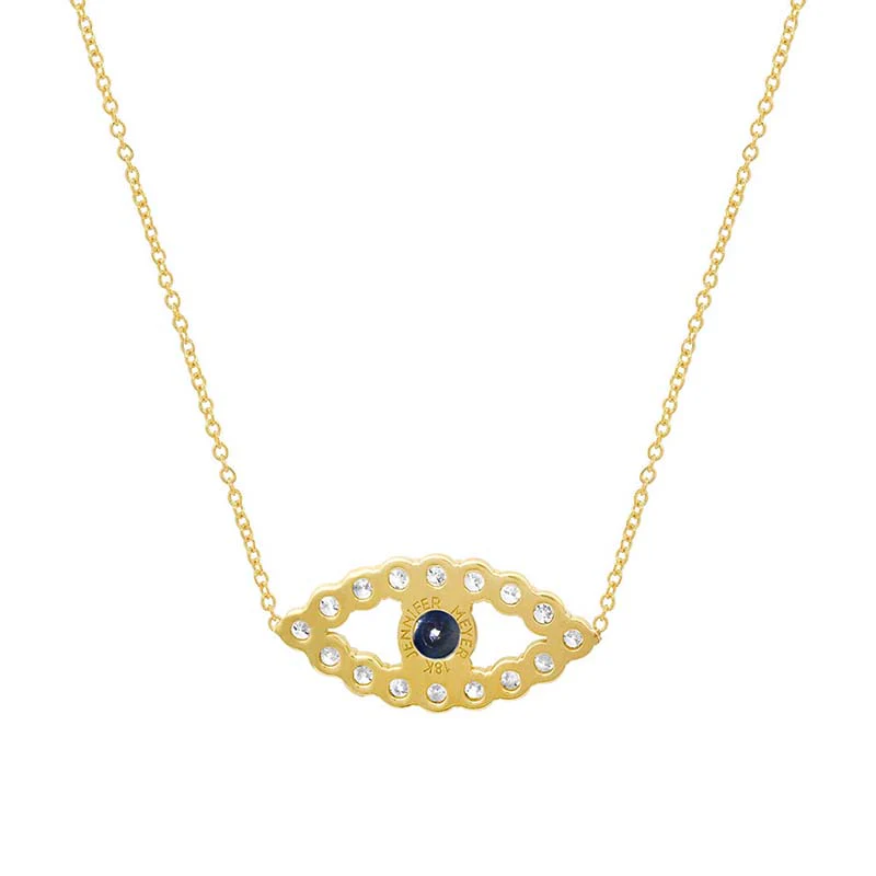 Medium Diamond Open Evil Eye Necklace with Blue Sapphire Center - Image 2