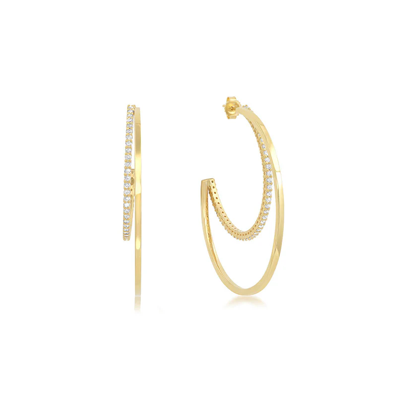 Medium Double Hoops with 4-Prong Diamond Accent - Image 2