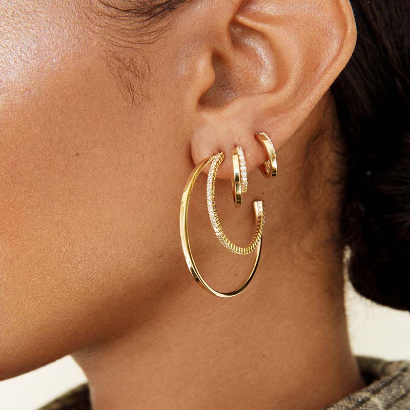 Medium Double Hoops with 4-Prong Diamond Accent - Image 6