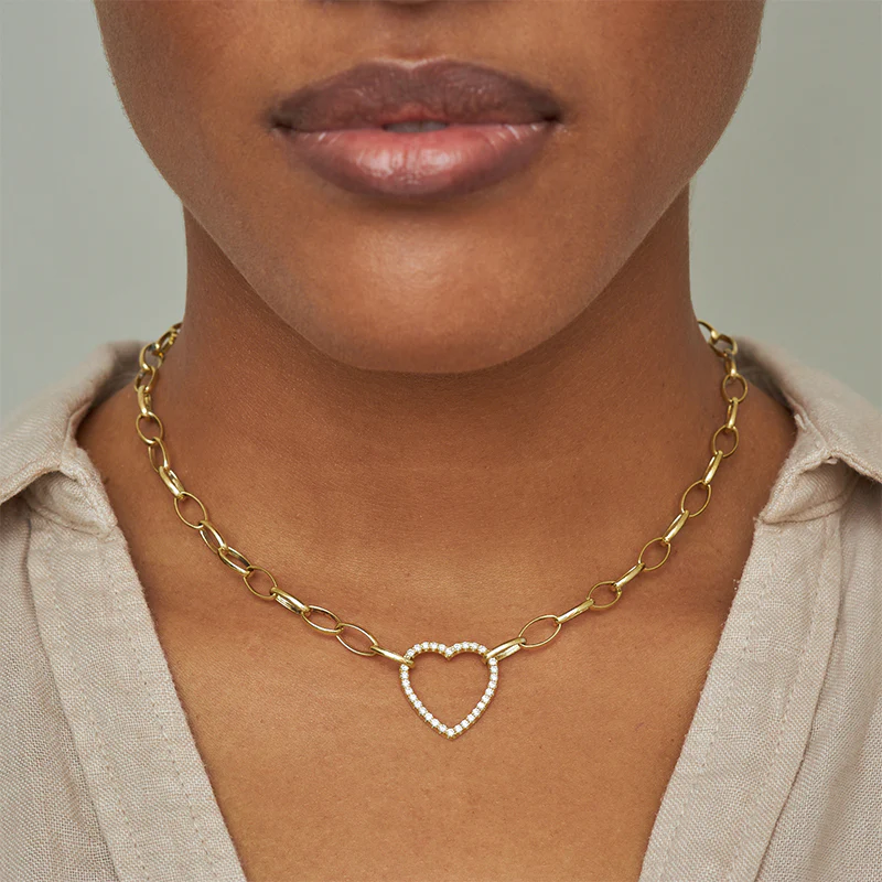Medium Edith Link Necklace with Diamond Open Heart Accent - Image 3