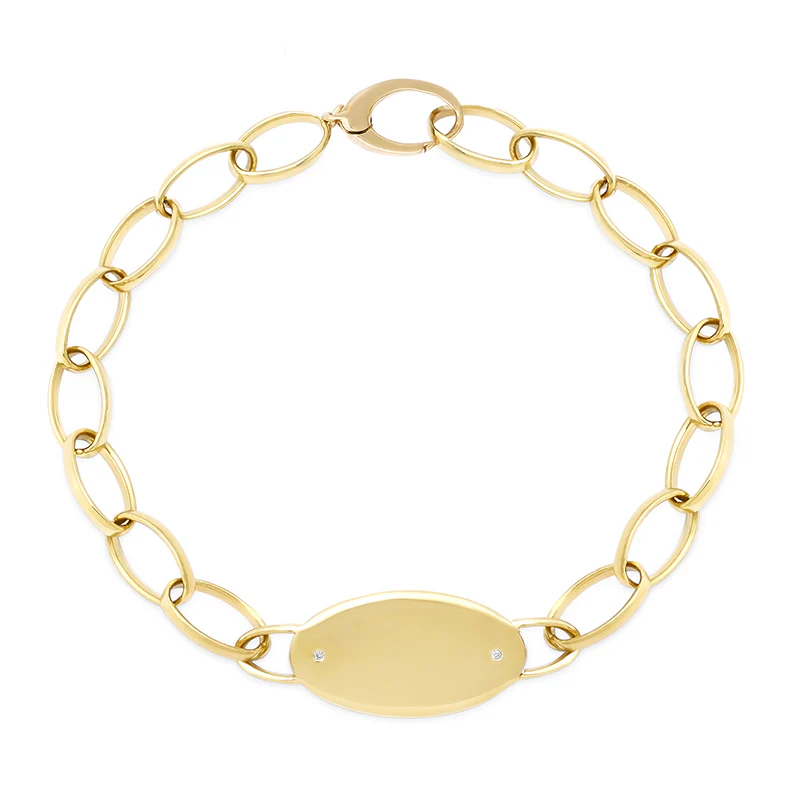 Medium Edith Link Bracelet with Oval Engravable Nameplate and Diamond Accents