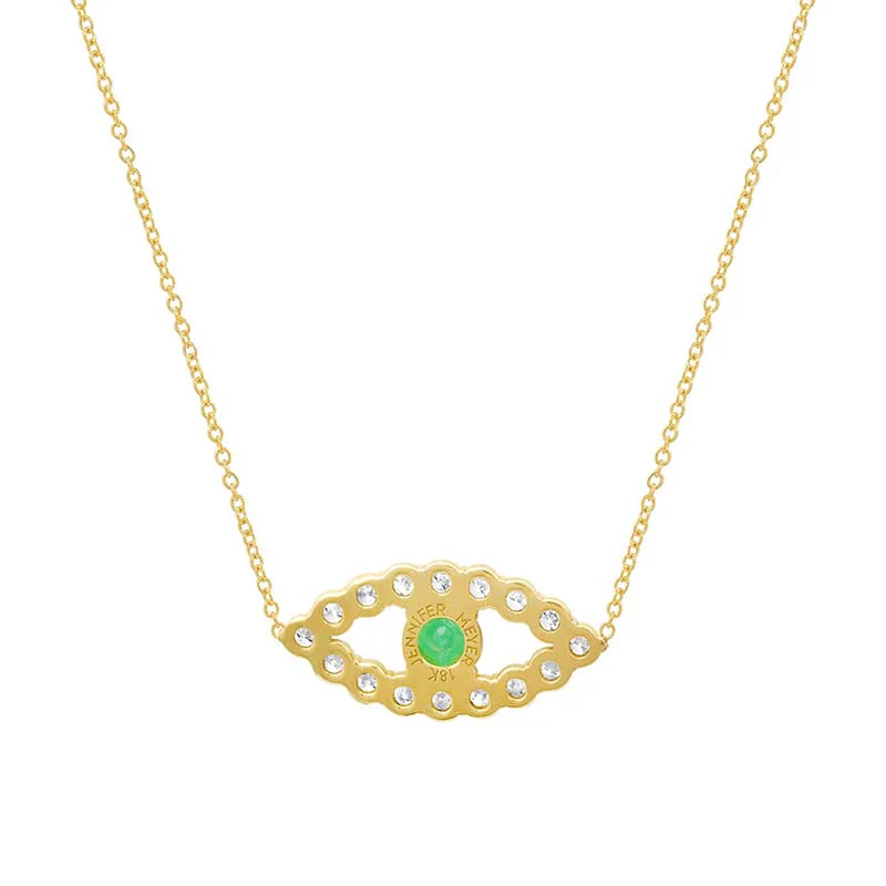 Medium Diamond Open Evil Eye Necklace with Emerald Center - Image 2